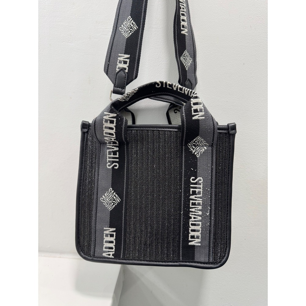 Steve Madden Crossbody Tote Women Small Black Logo Webbing Straw Guitar Strap
